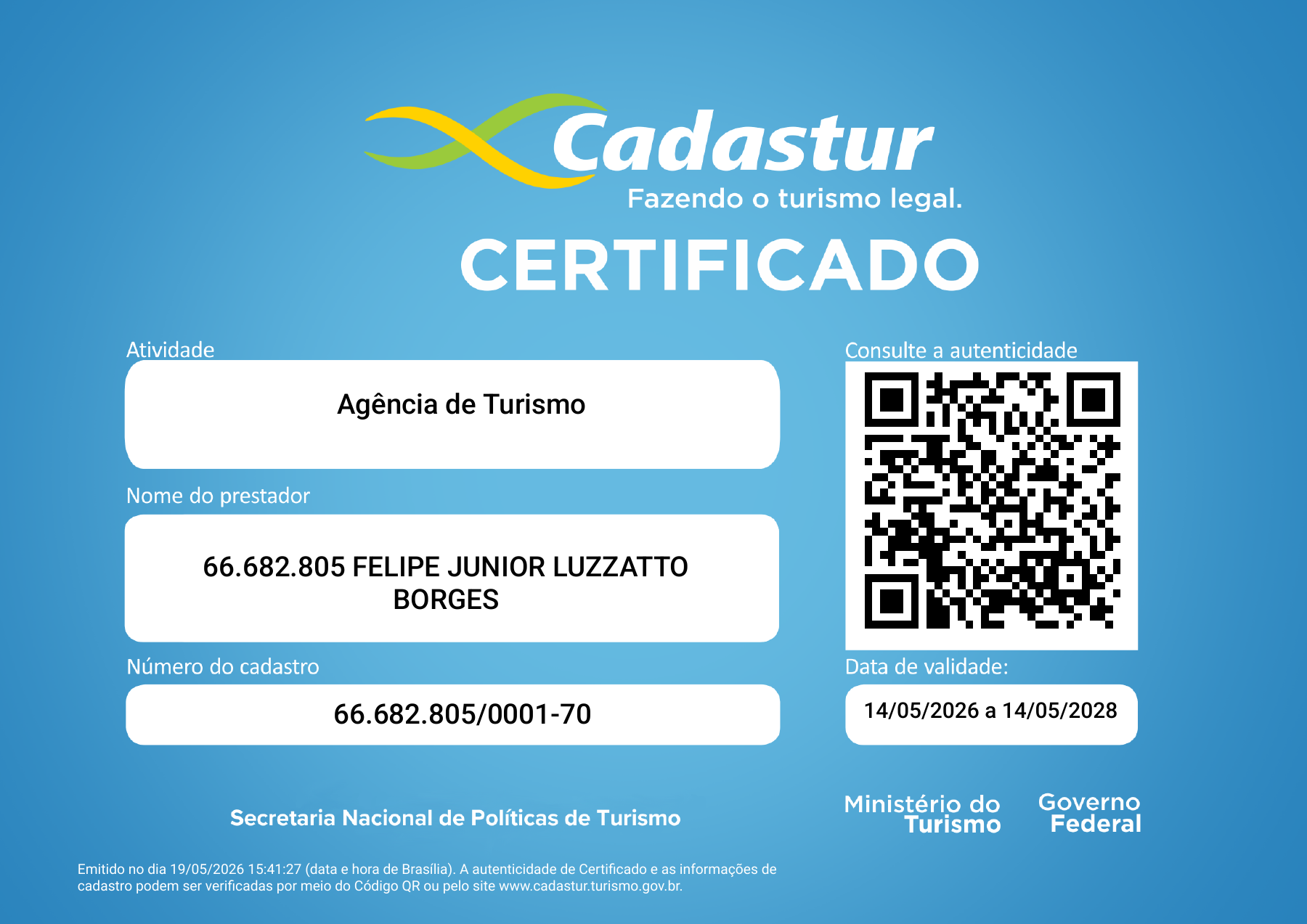 Certificado Cadastur da WanderNest, Agência de Turismo, cadastro 66.682.805/0001-70, válido até 14 de maio de 2028
